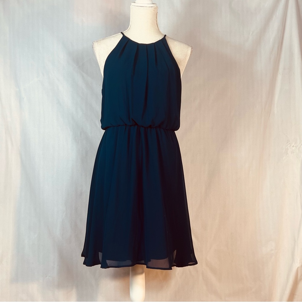 Lush Dress Navy Blue Halter Pleated Neck Chiffon Open Back Elastic Waist EUC M 👍
